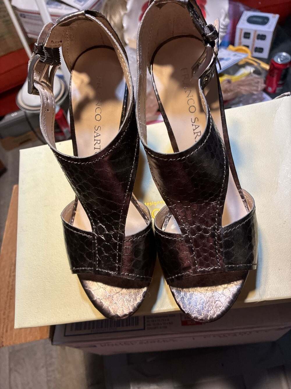 Franco Sarto Supra Pewter Snake Platform Cork Wedge Sandals Size 7.5 M